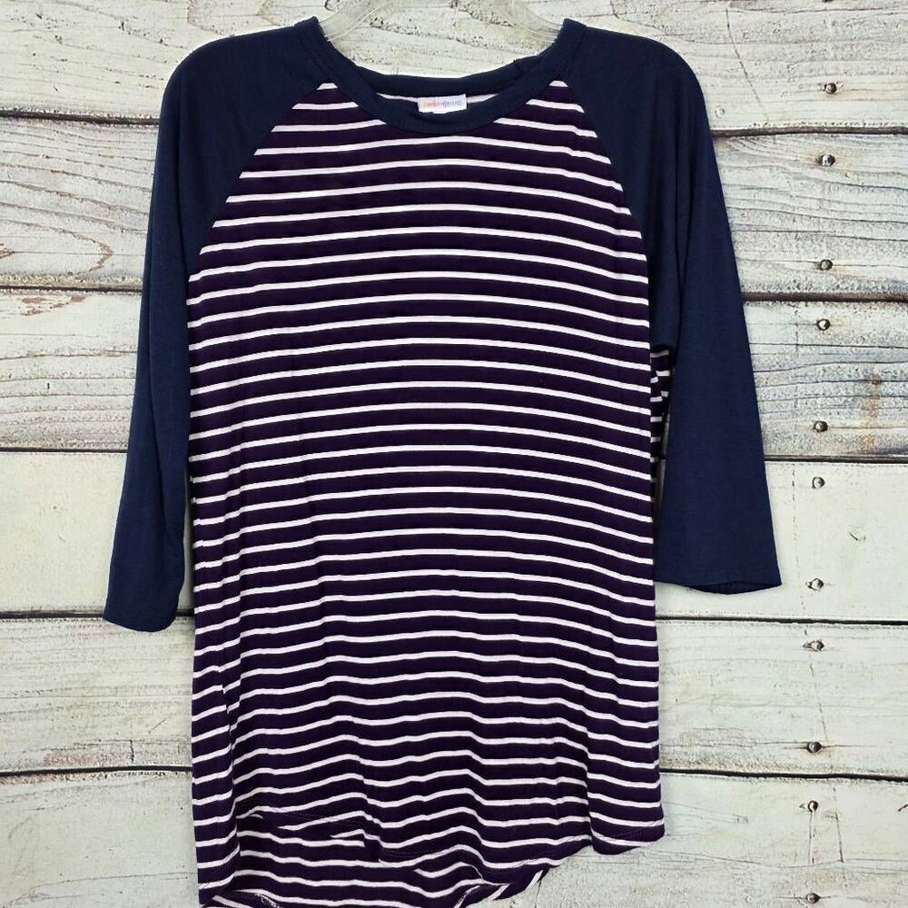 LuLaRoe Randy Tee M Purple White Striped Raglan Top